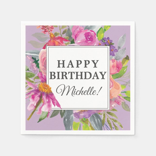 Garden Purple Pink Floral Happy Birthday Party Napkins (Front)