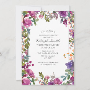 Garden Purple Watercolor Floral White Grad Party Invitation