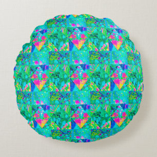 Garden Quilt Painting with Hydrangea and Blues Round Pillow