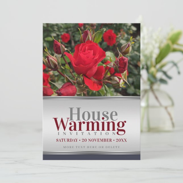 Garden Red Roses Housewarming Invitation (Standing Front)