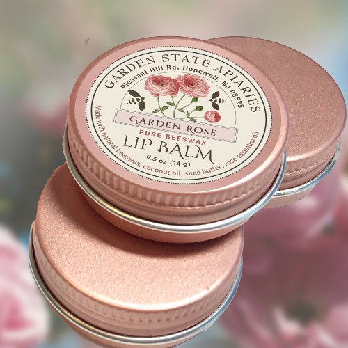 Garden Rose Beeswax Lip Balm with Rose Flower Bee Classic Round Sticker