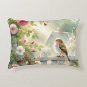Garden Rose Bird Watercolor Scene Accent Pillow