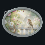 Garden Rose Bird Watercolor Scene Belt Buckle<br><div class="desc">A soft watercolor scene captures a gentle songbird resting on a white garden fence surrounded by blooming pink roses, leafy vines, and warm morning light. The palette glows with pastel greens, blush pinks, creamy whites, and sunlit gold, creating a calm cottagecore atmosphere filled with quiet charm. Loose painterly brushstrokes and...</div>