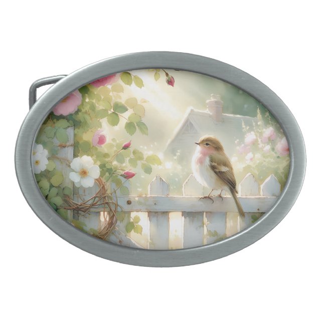 Garden Rose Bird Watercolor Scene Belt Buckle (Front)