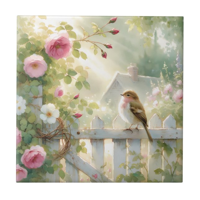 Garden Rose Bird Watercolor Scene Ceramic Tile (Front)