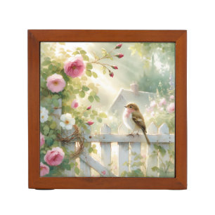 Garden Rose Bird Watercolor Scene Desk Organizer