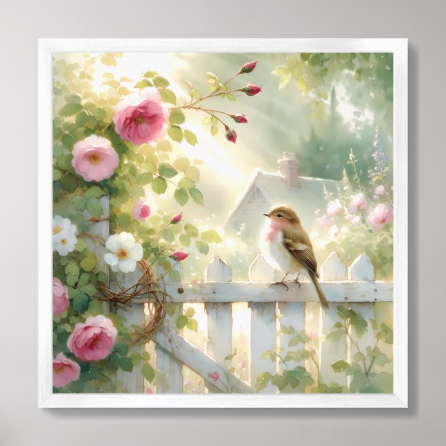 Garden Rose Bird Watercolor Scene Framed Art (Framed Front)