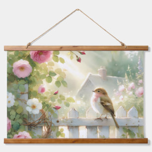 Garden Rose Bird Watercolor Scene Hanging Tapestry