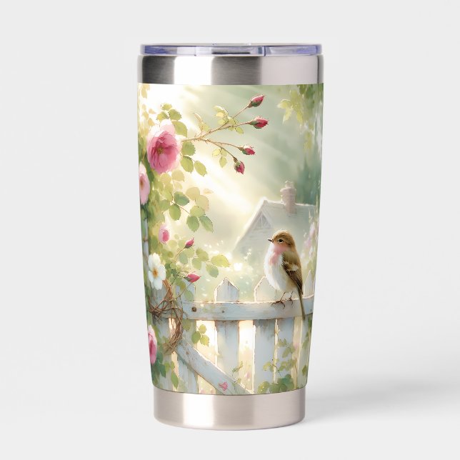 Garden Rose Bird Watercolor Scene Insulated Tumbler (Front)
