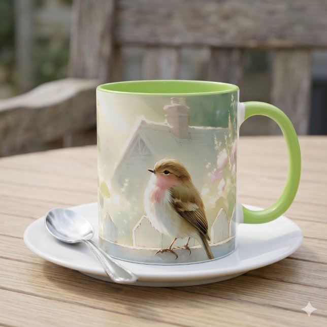 Garden Rose Bird Watercolor Scene Mug (Garden Rose Bird Watercolor Scene Mug)