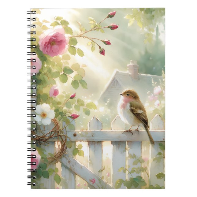 Garden Rose Bird Watercolor Scene Notebook (Front)