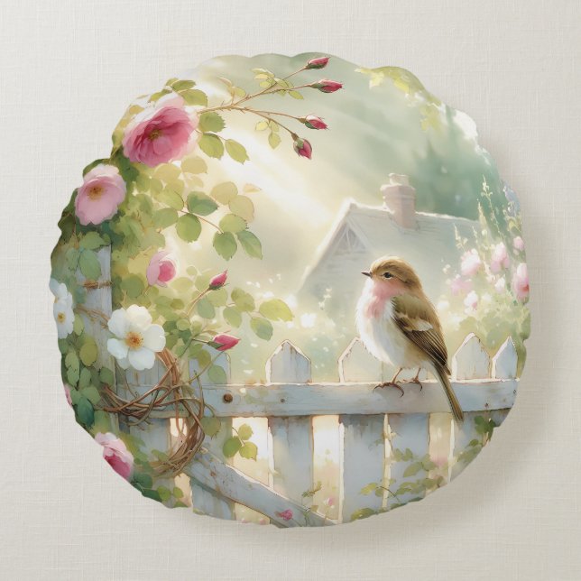 Garden Rose Bird Watercolor Scene Round Pillow (Front)