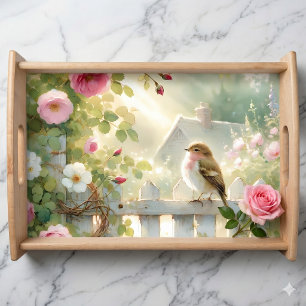 Garden Rose Bird Watercolor Scene Serving Tray