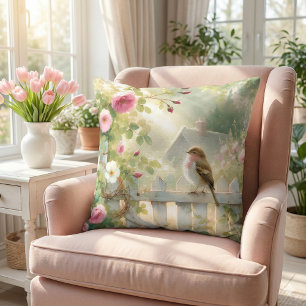 Garden Rose Bird Watercolor Scene Throw Pillow