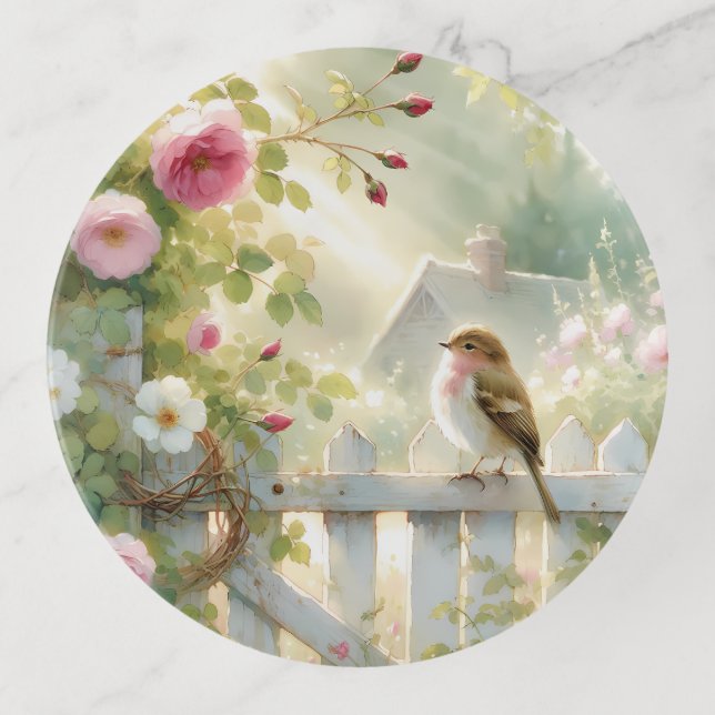 Garden Rose Bird Watercolor Scene Trinket Tray (Front)