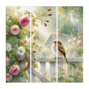 Garden Rose Bird Watercolor Scene Triptych