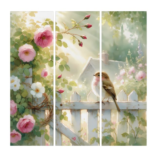 Garden Rose Bird Watercolor Scene Triptych (Front)
