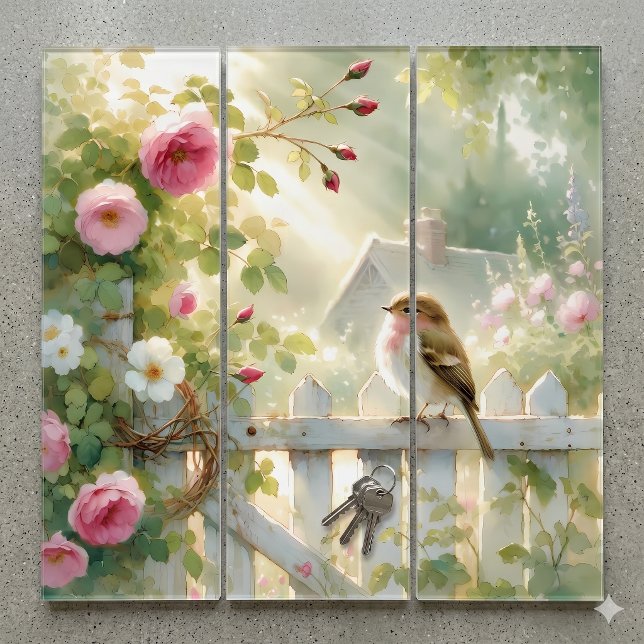 Garden Rose Bird Watercolor Scene Triptych (Garden Rose Bird Watercolor Scene Triptych)