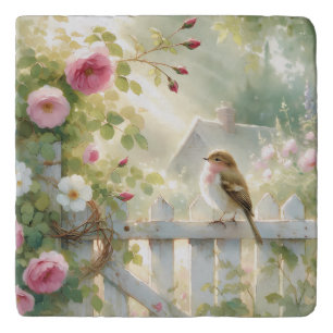 Garden Rose Bird Watercolor Scene Trivet