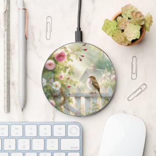 Garden Rose Bird Watercolor Scene Wireless Charger
