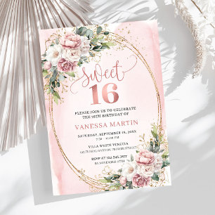 Garden Rose Gold Flowers and Greenery Sweet 16 Invitation