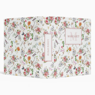 Garden Rose Pink Floral Watercolor Monogrammed 3 Ring Binder