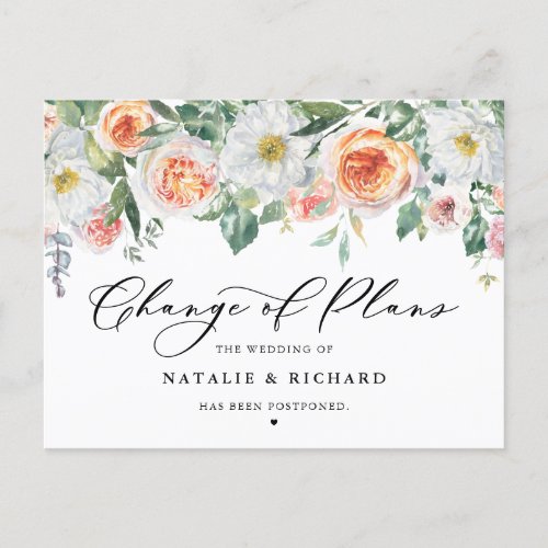 Garden Roses Change of Plans Wedding Postponement Announcement Postcard