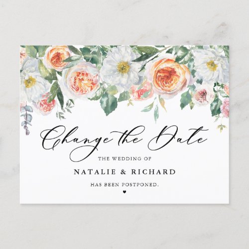 Garden Roses Change the Date Wedding Postponement Announcement Postcard