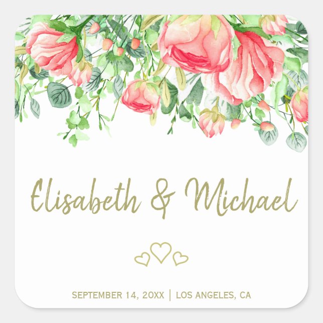Garden roses elegant romantic wedding favor square sticker (Front)