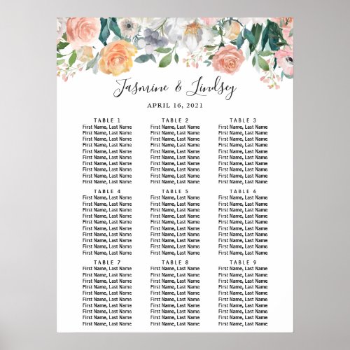 Garden Roses Floral 9 Tables Wedding Seating Chart