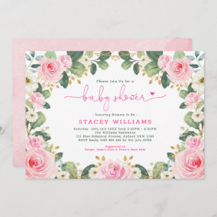 Garden Roses Hot Pink Floral Greenery Baby Shower Invitation