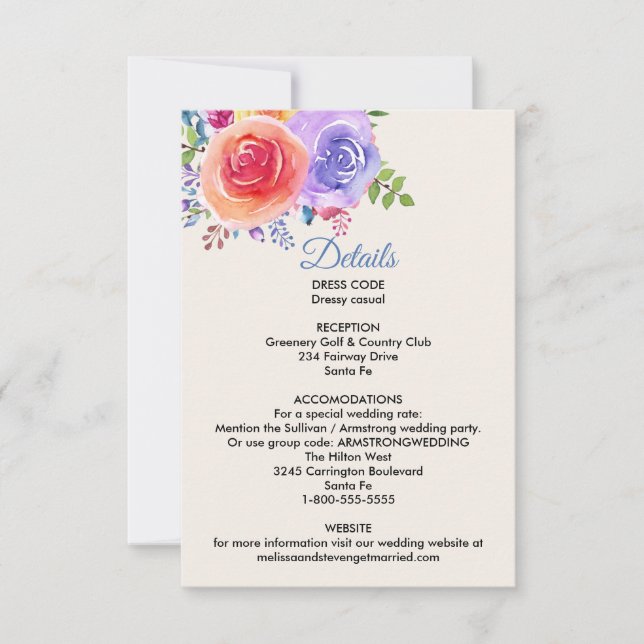 Garden Roses Watercolor Wedding Details Enclosure Invitation (Front)