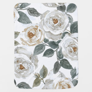 Garden Roses White Watercolor Floral Vintage Baby Blanket