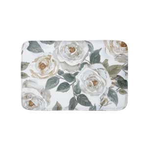 Garden Roses White Watercolor Floral Vintage Bath Mat