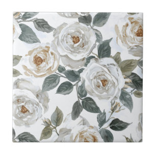Garden Roses White Watercolor Floral Vintage Ceramic Tile