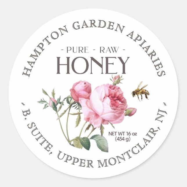 Garden Roses with honeybee Honey Jar Label (Front)