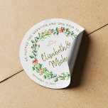 Garden roses wreath modern romantic wedding favor classic round sticker<br><div class="desc">"He popped the question and she said yes" customizable text favor round sticker featuring a romantic wreath with blush pink garden roses with sage green foliage, three small golden hearts and a golden beige tan editable script on a white (changeable) background. Ideal for your watercolor romantic spring summer | garden...</div>