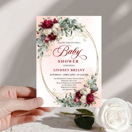 Garden Rustic Maroon Peonies Baby Shower Invitatio