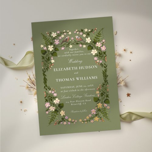 Garden Sage Green Floral Elegant Whimsical Wedding Foil Invitation