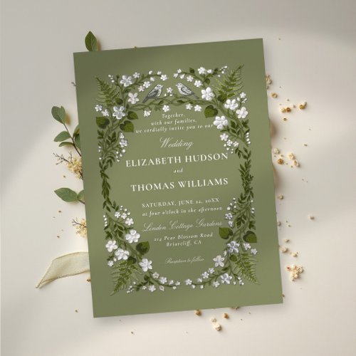 Garden Sage Green White Elegant Whimsical Wedding Foil Invitation