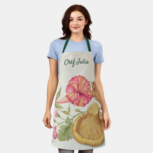 Garden Scene with Flowers, Butterfly and Mushroom Apron