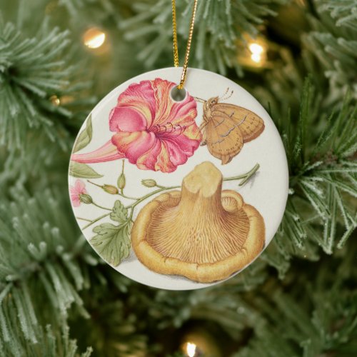 Garden Scene with Flowers, Butterfly and Mushroom Ceramic Ornament
