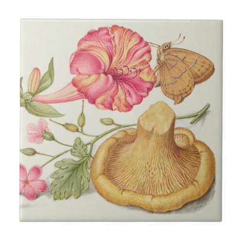Garden Scene with Flowers, Butterfly and Mushroom Ceramic Tile