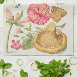 Garden Scene with Flowers, Butterfly and Mushroom Kitchen Towel