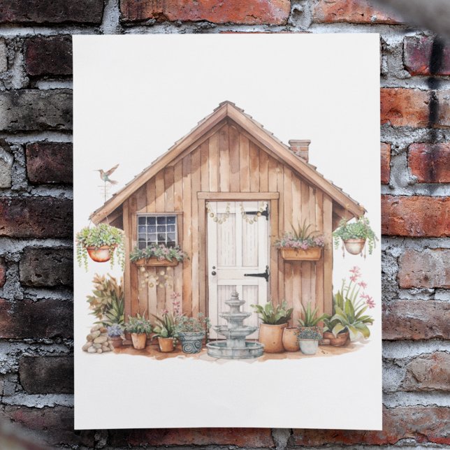 Garden Shed and Happy Place | Plants | Fountain Metal Print (Happy place she shed with plants, cactus, hummingbird and water fountain metal print. )