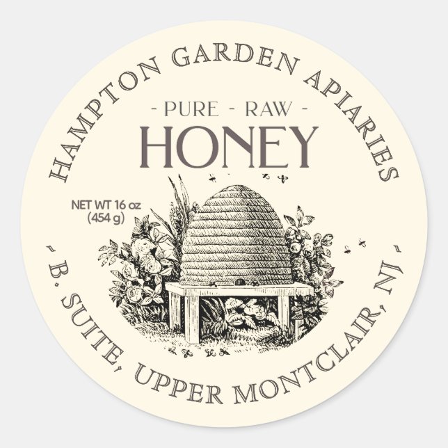 Garden Skep with little bees Honey Jar Label (Front)
