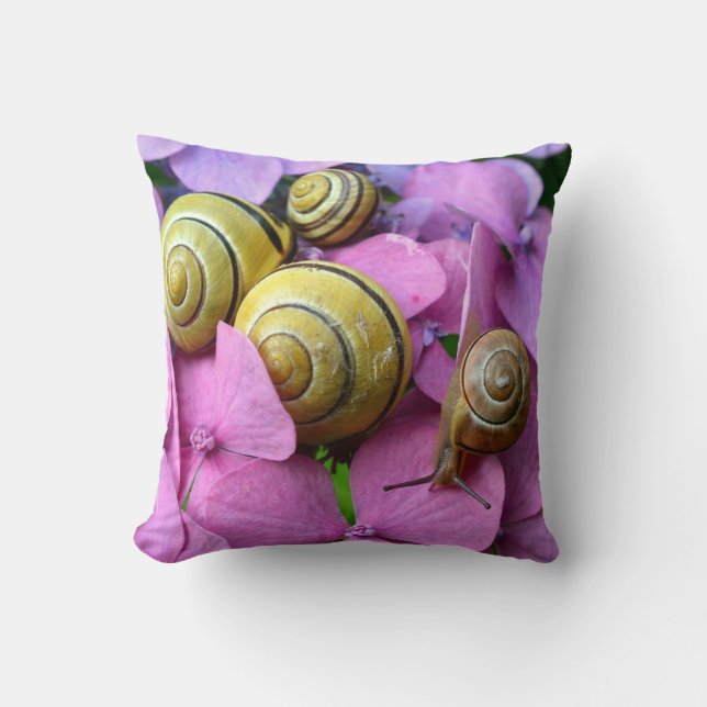Garden Snails on Pink Flowers Throw Pillow (Front)