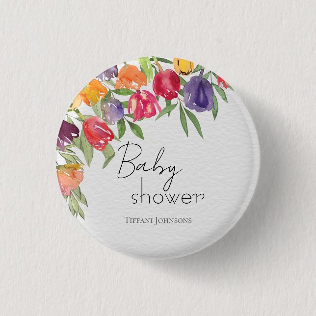 Garden Soiree Tulips & Greenery Baby Shower Button (Front)
