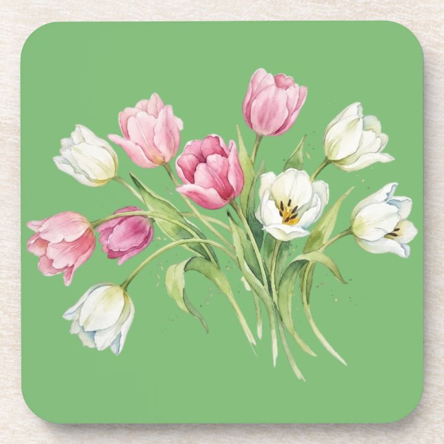 Garden spring tulips. Hard plastic coaster (Front)