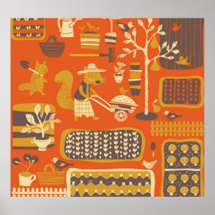 Garden Squirrels: Whimsical Animal Scene Poster